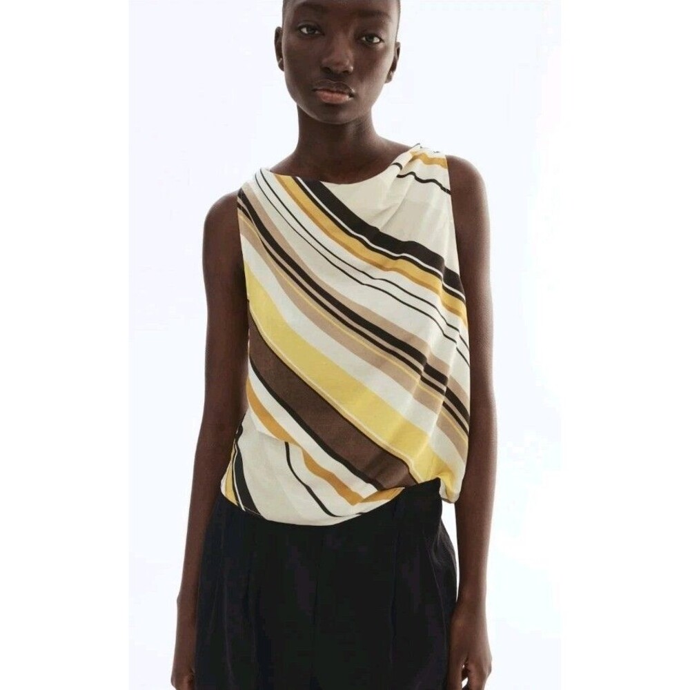 NEW WITH TAGS H&M Linen Blend Cowl Neck Cream Striped Sleeveless Tank Blouse L